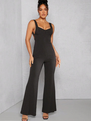 Pinstripe Flare Leg Backless Jumpsuit