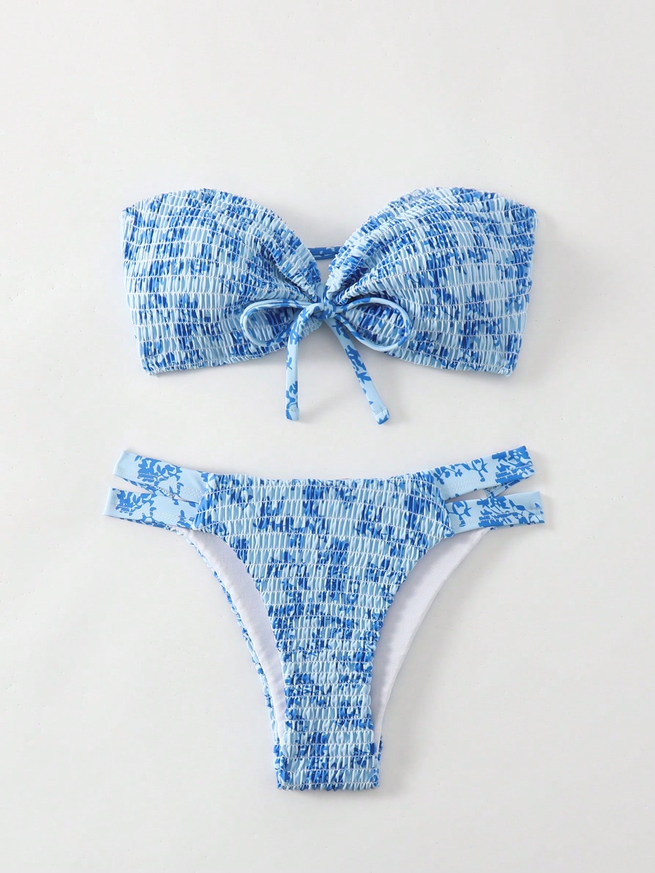 Summer Beach Floral Print Smocked Bandeau Bikini Set