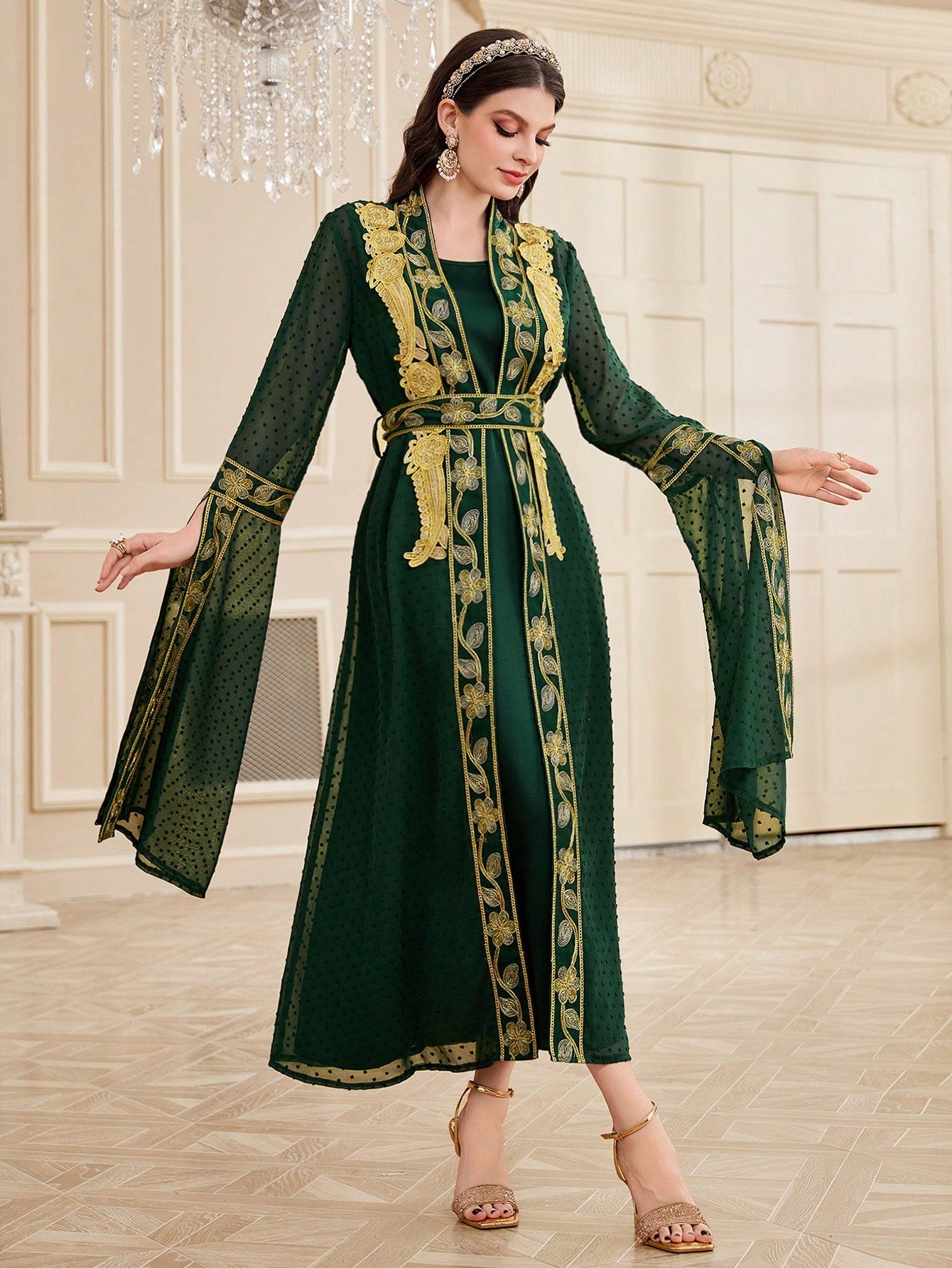 Ladies' Solid Color Dress With Water-Soluble Lace & Woven Trim Patchwork Jacket Two Piece Set, Moroccan Kaftan