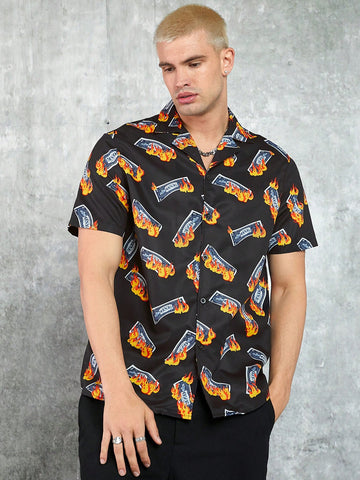 Men's Flame Money Print Short Sleeve Woven Casual Shirt