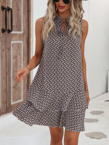 Allover Print Tie Neck Layer Hem Dress