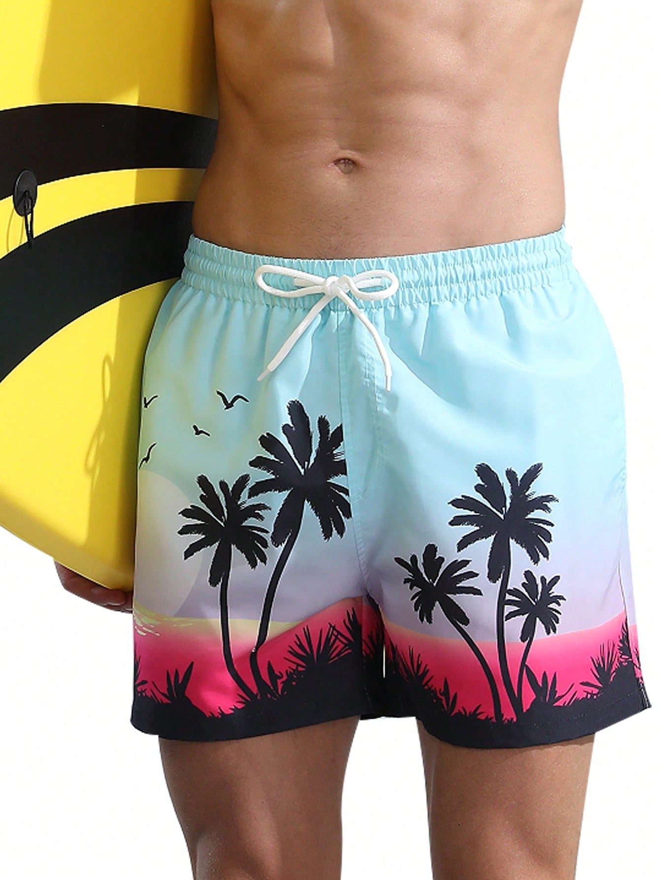 Men's Coconut Tree Print Drawstring Beach Shorts