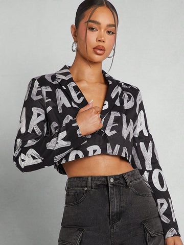 Letter Graphic Print Crop Blazer