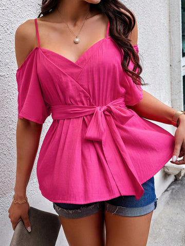 Women's Solid Color Off Shoulder Wrap Tie Cami Blouse