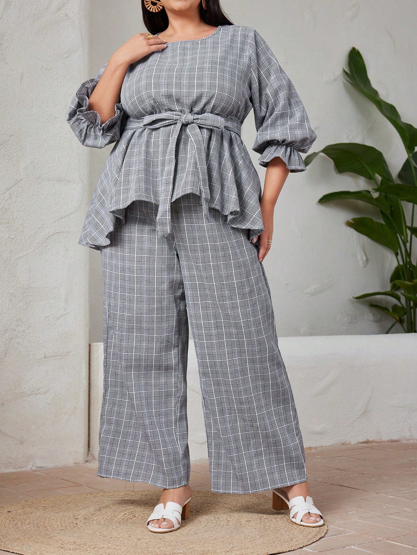 Women's Plus Size Plaid Print Belted Ruffle Sleeve Shirt And Wide Leg Pants Set