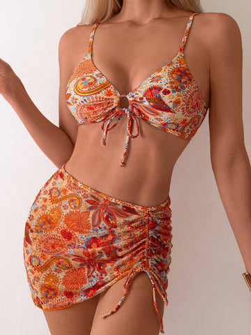 Women's Floral Printed Front Lace-Up Split Swimsuit 3-Piece Set