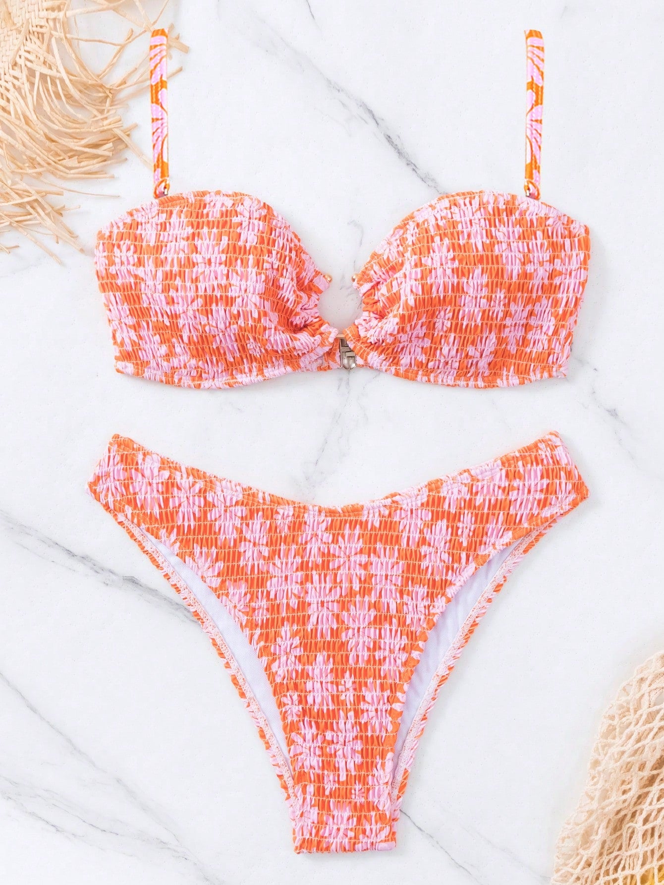 Summer Beach Floral Print Smocked Bikini Set