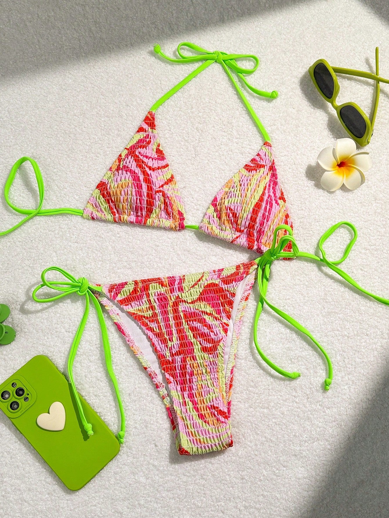 Women's Summer Beach Halter Neck Contrast Neon Trim Bikini Set