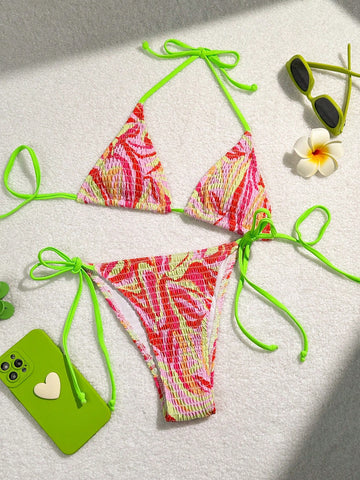 Women's Summer Beach Halter Neck Contrast Neon Trim Bikini Set