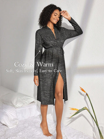 Women's Solid Color Long Sleeve Homewear Robe